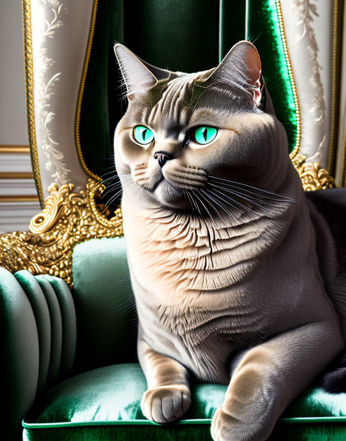 Regal cat with green eyes on ornate green chair