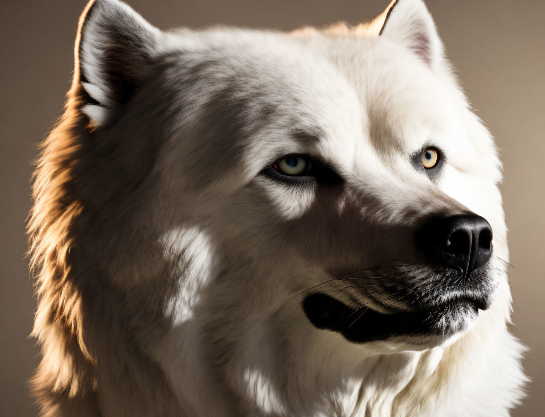 White wolf with piercing blue eyes in close-up view against brown backdrop