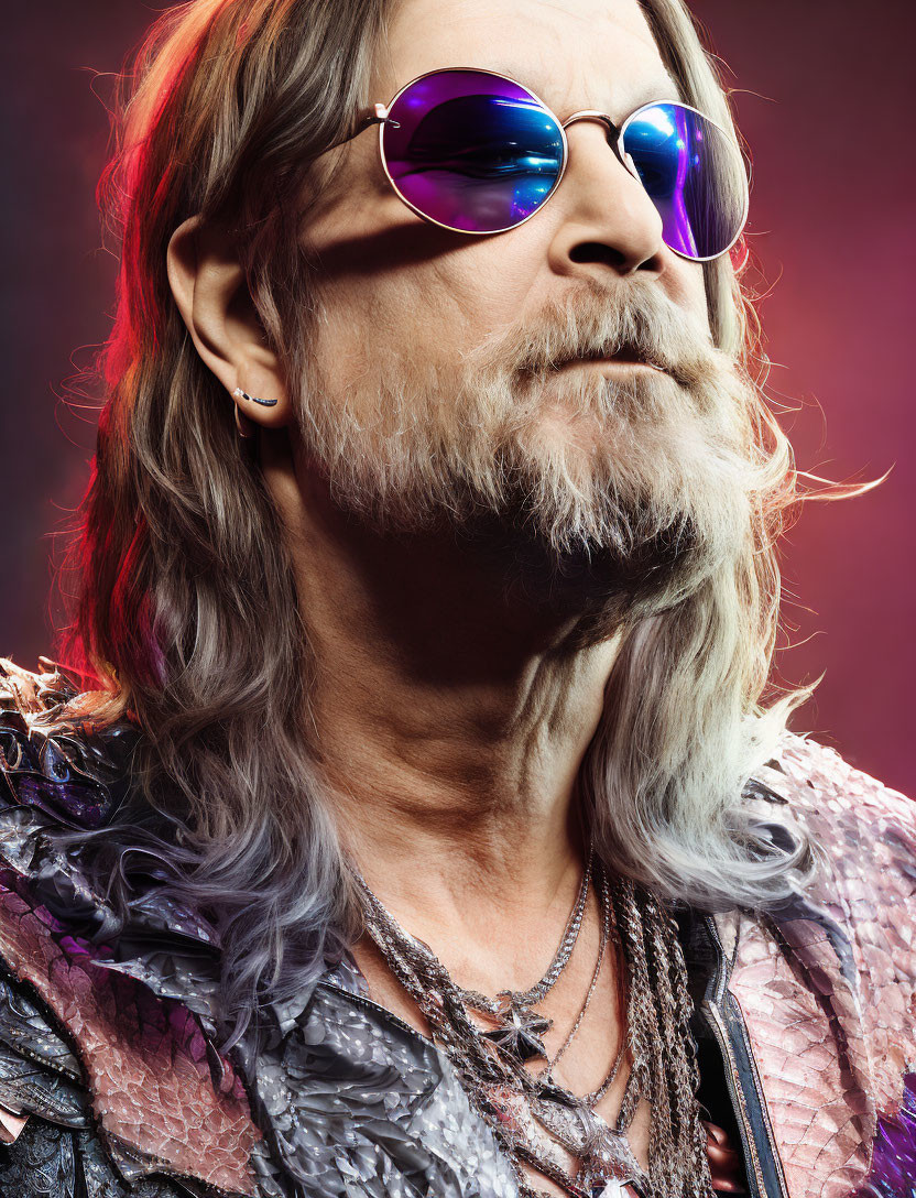 Elderly person with long grey hair and beard in purple sunglasses and textured jacket on red background