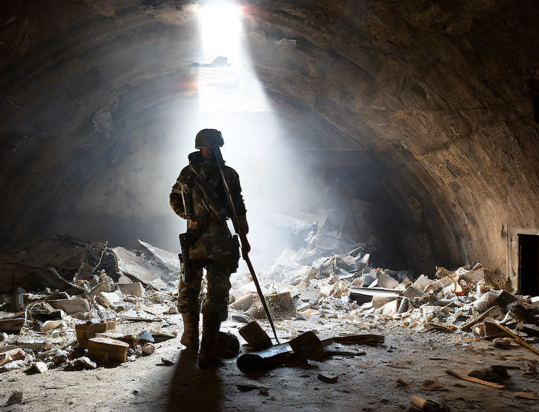 Silhouetted soldier in camouflage in dusty tunnel with light beam.