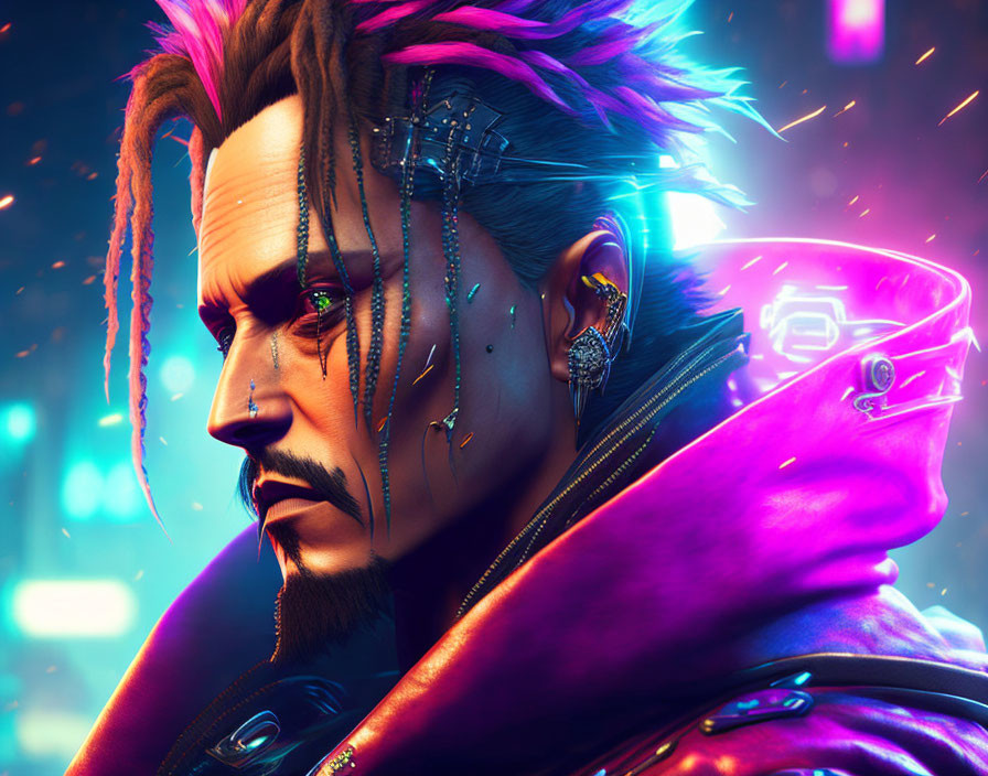 Vibrant Cyberpunk Man Portrait with Neon Lights & Purple Jacket
