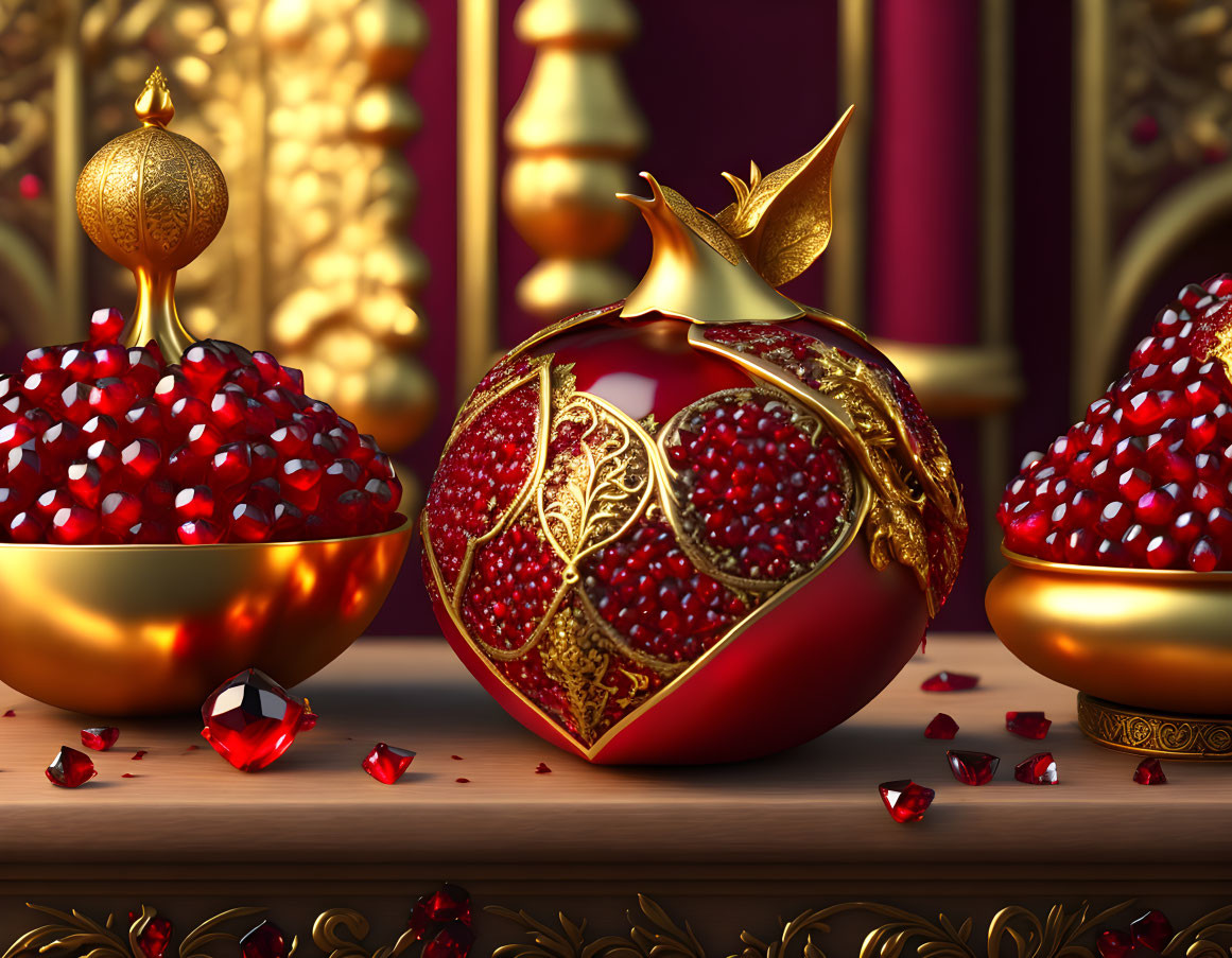 Golden bowls with pomegranate seeds and jewel-adorned fruit on regal backdrop