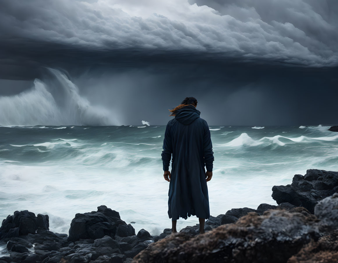 Person on rocky shore facing turbulent sea under storm cloud