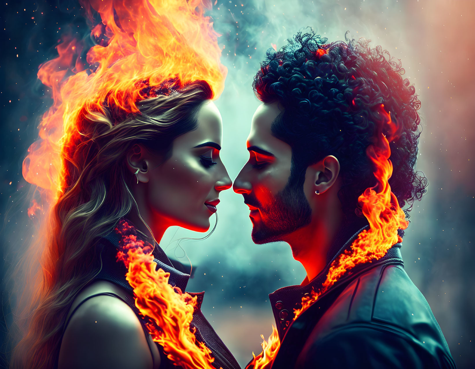 Man and woman surrounded by fiery effects in artistic image