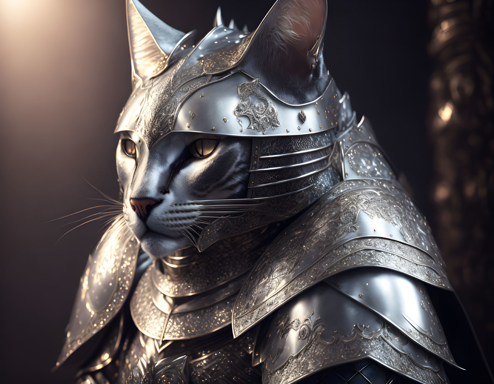 Anthropomorphic cat in detailed medieval armor on dark background