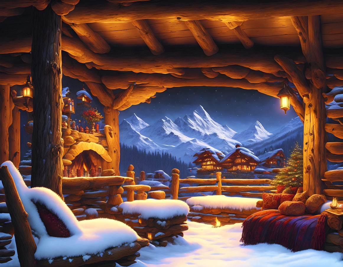 Snowy Mountain View from Festive Cabin Porch at Twilight