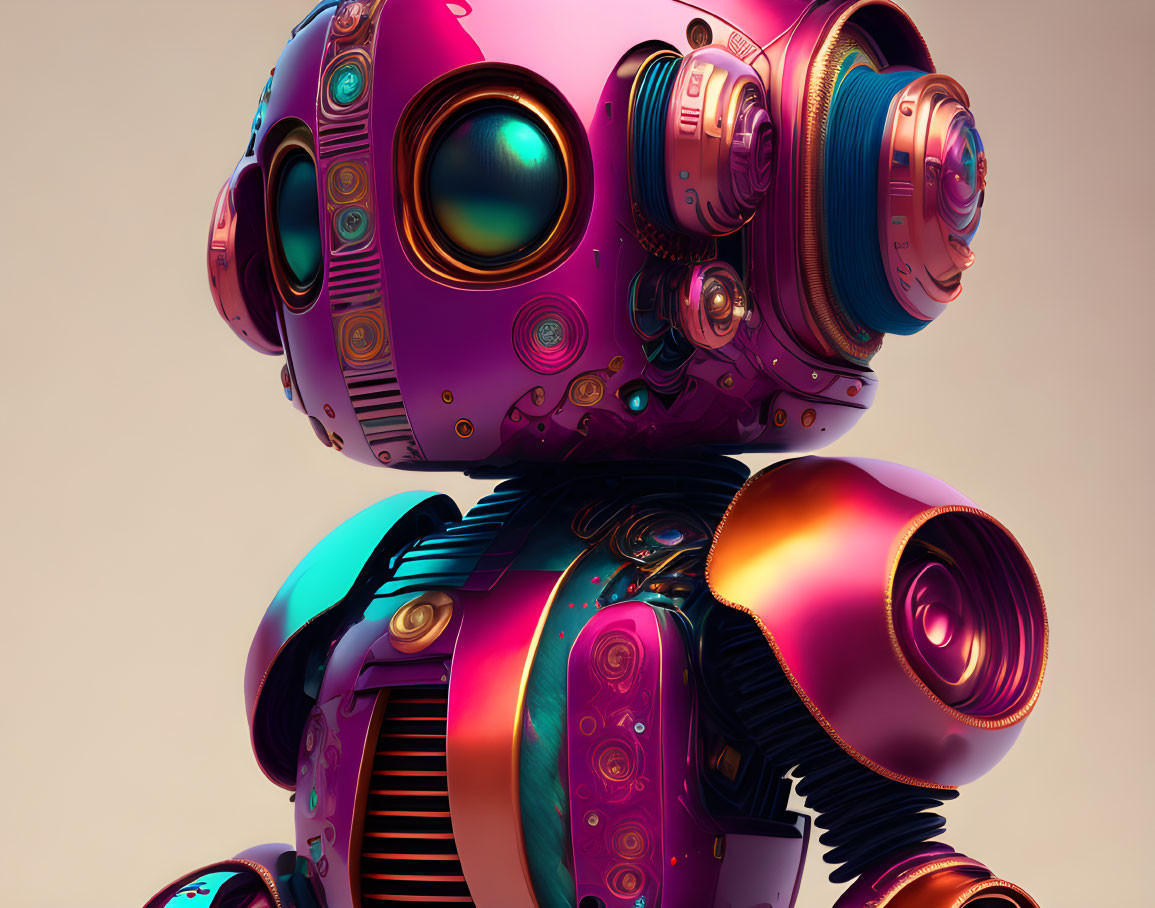 Detailed Robot Illustration with Large Eyes and Metallic Textures in Pink, Blue, and Gold