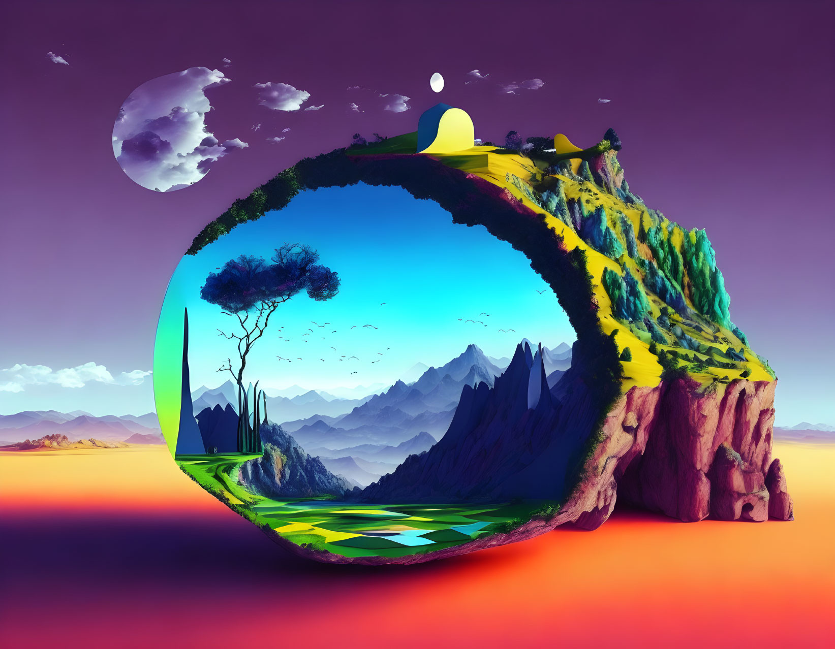 Surreal landscape featuring spherical mini world with tree, mountains, and moons