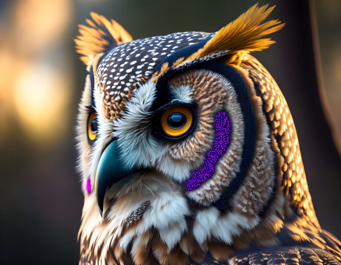 Decorated owl with orange eyes and purple sequins.