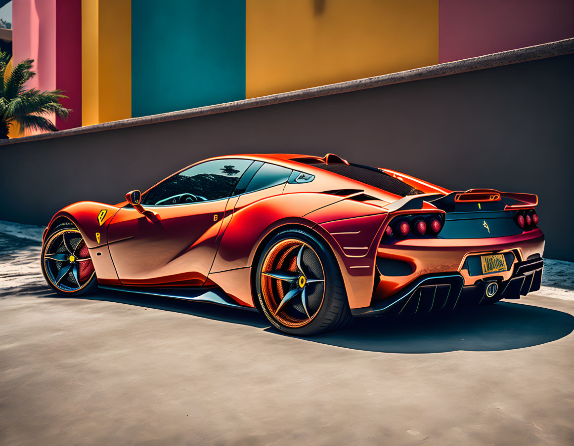 Red Ferrari sports car with black and gold trim parked against colorful walls