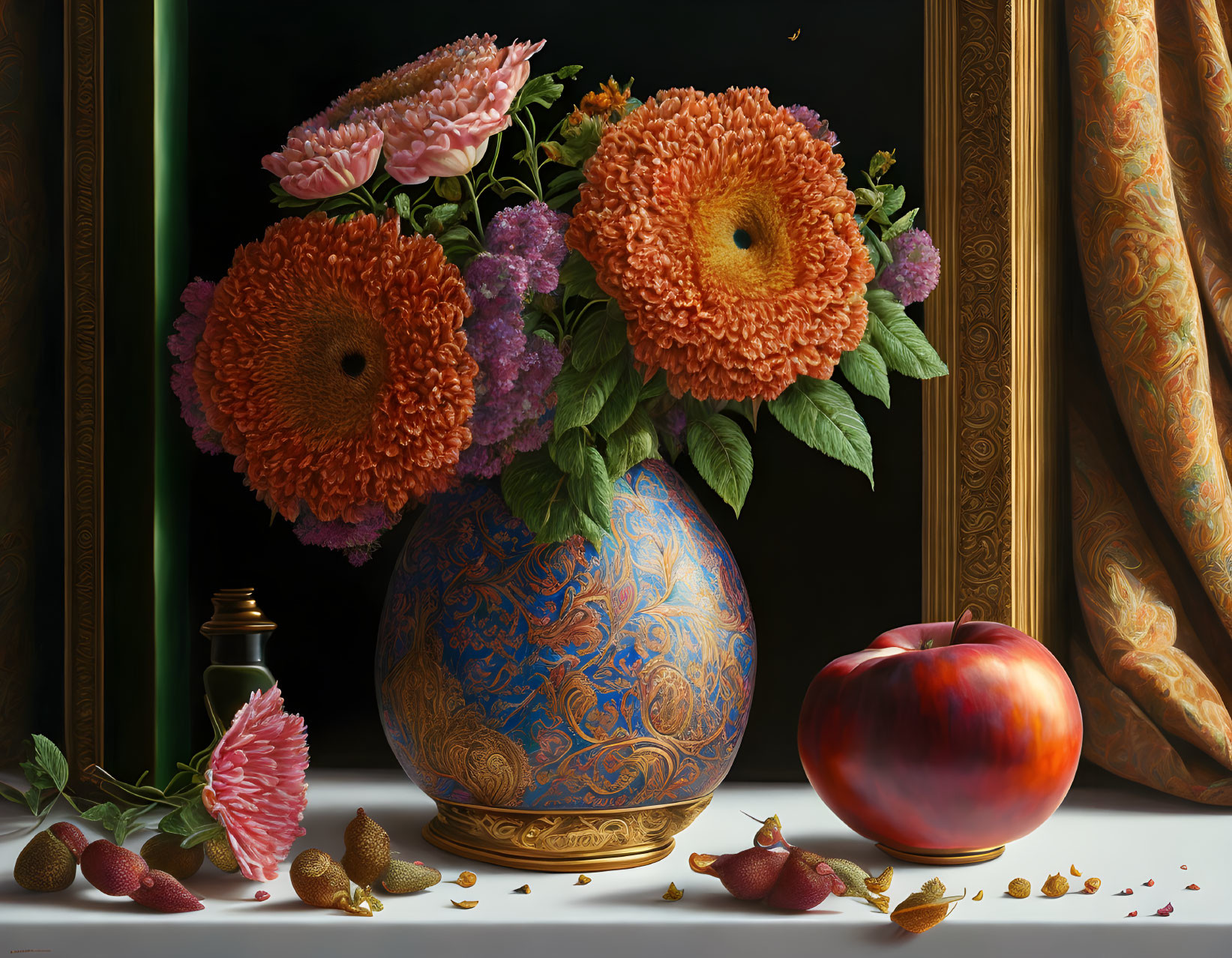 Colorful still life with orange flowers, fruit, and petals on table