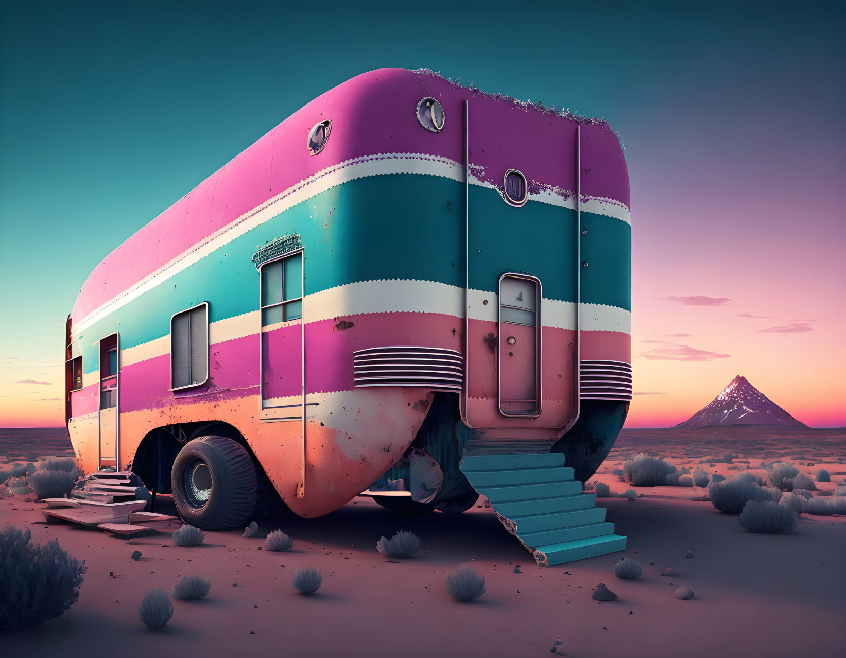 Abandoned pink and turquoise RV in desert with mountain and clear sky