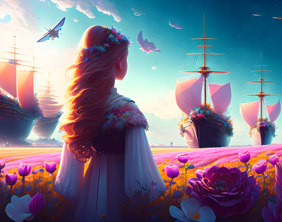 Woman in floral wreath gazes at floating ships in surreal landscape