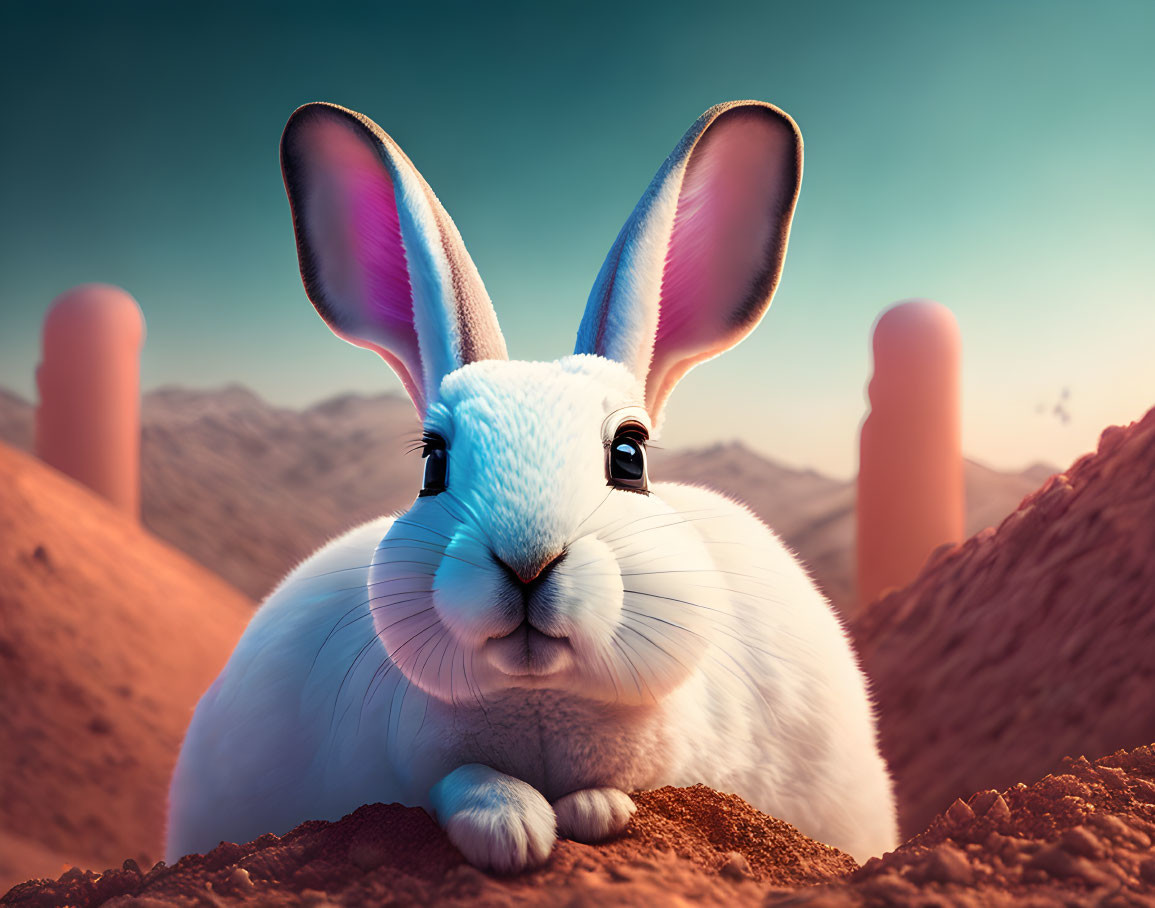 White rabbit with blue and pink ears in desert landscape.