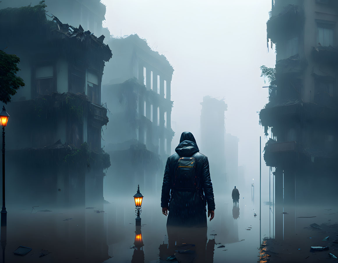 Hooded figure in flooded, foggy street with derelict buildings