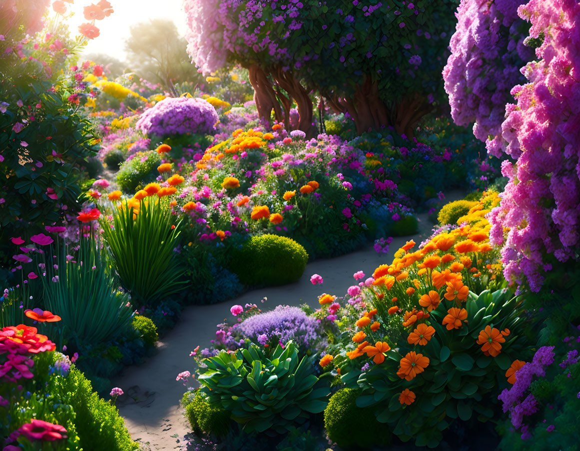 Lush garden path with colorful flowers and greenery under warm sunlight