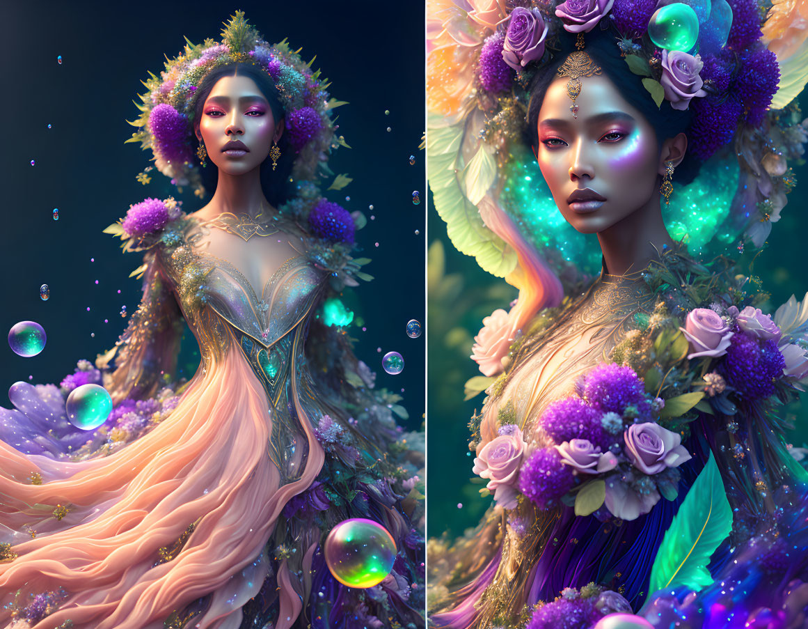 Fantasy female digital artwork with floral headpieces in purple and pink tones surrounded by bubbles