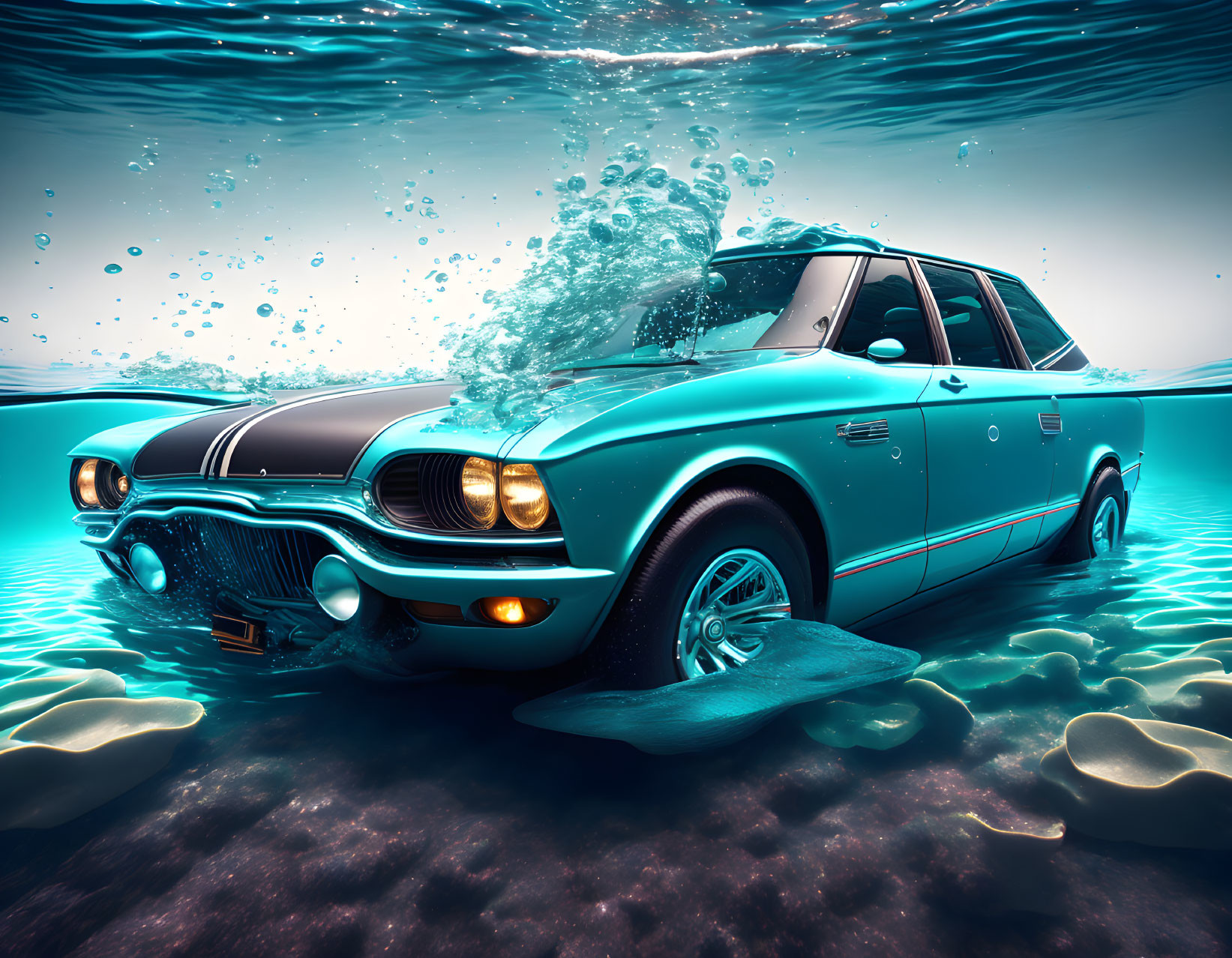 Vintage Car Submerged in Clear Water with Bubbles and Ethereal Light