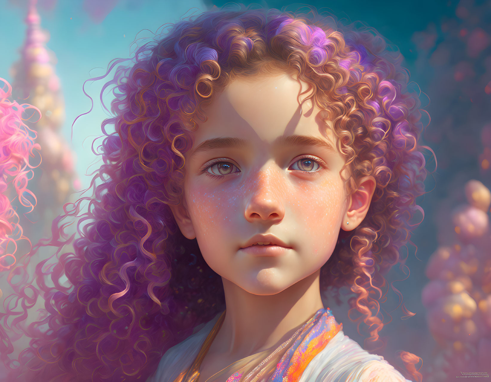 Young Girl with Curly Hair and Sparkling Freckles in Soft Ethereal Digital Portrait