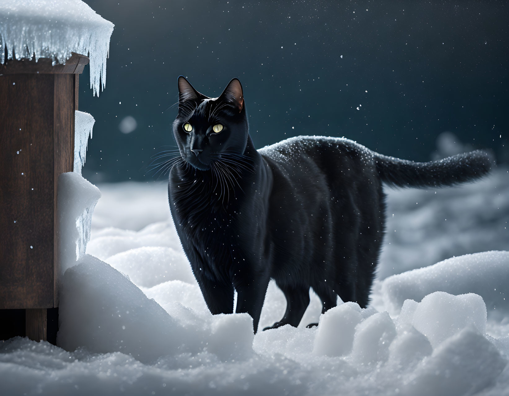 Black Cat with Yellow Eyes in Snowy Night Scene with Icicles