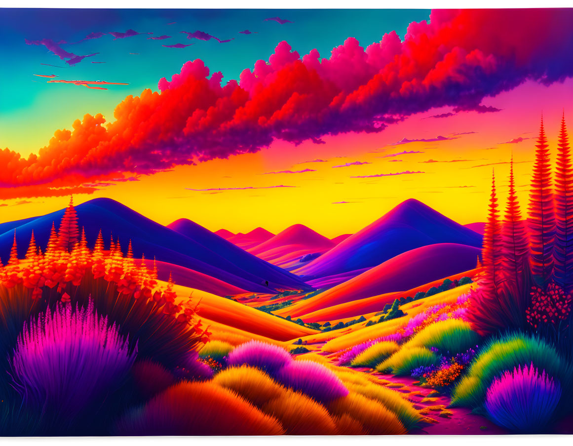 Colorful Rolling Hills and Crimson Sunset Landscape