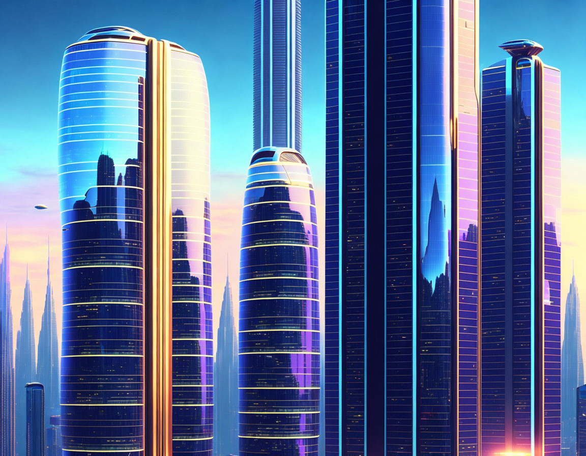 Futuristic cityscape: illuminated skyscrapers at dusk