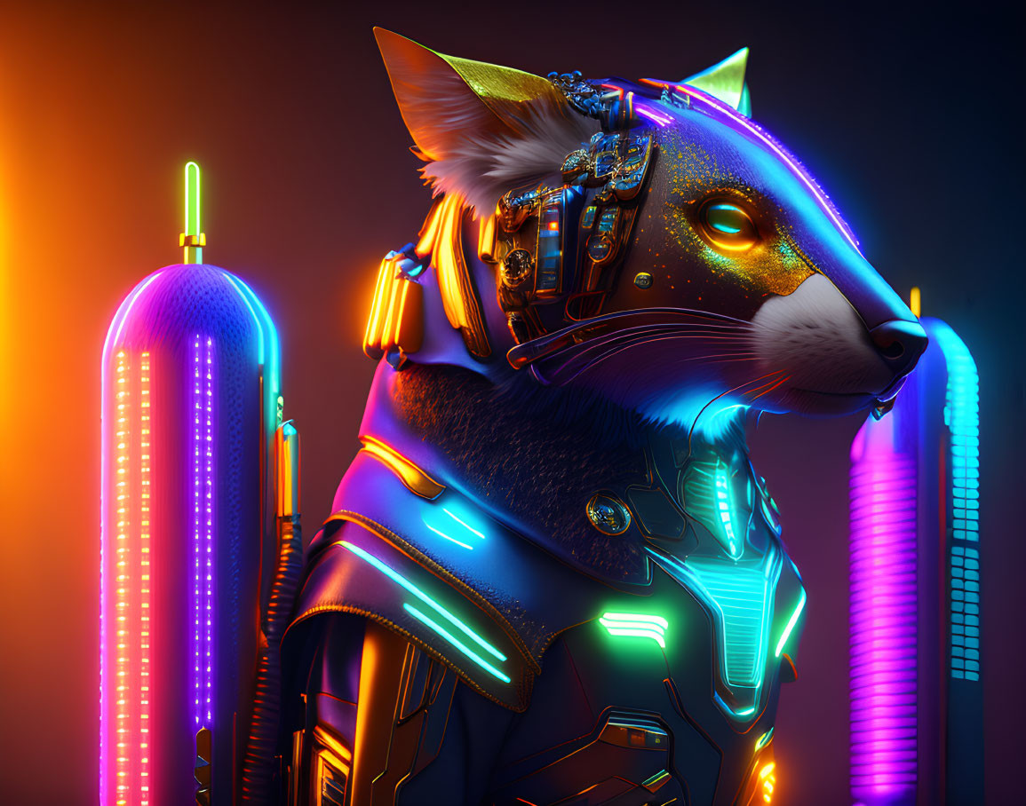 Futuristic cybernetic fox with neon lighting and tech armor on vibrant backdrop