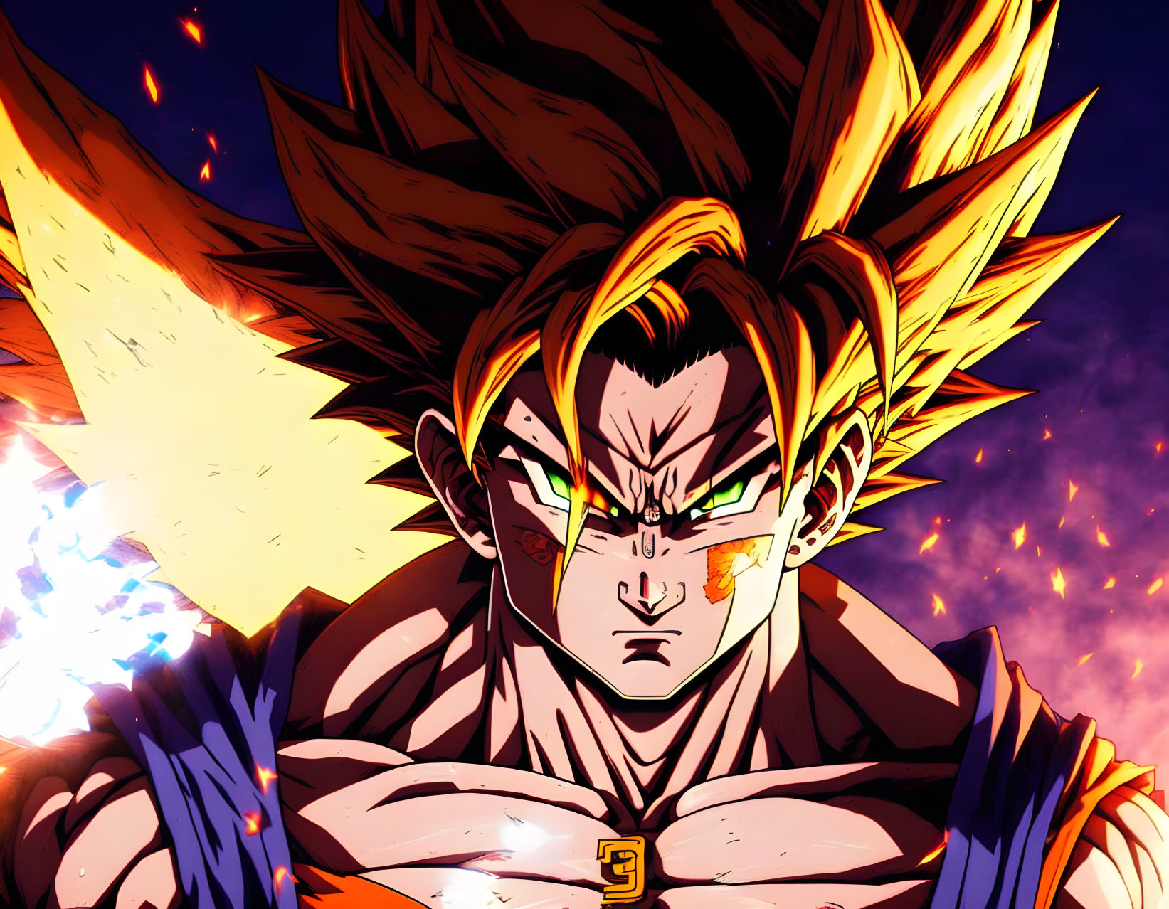 Spiky-haired animated character in fiery aura with intense gaze