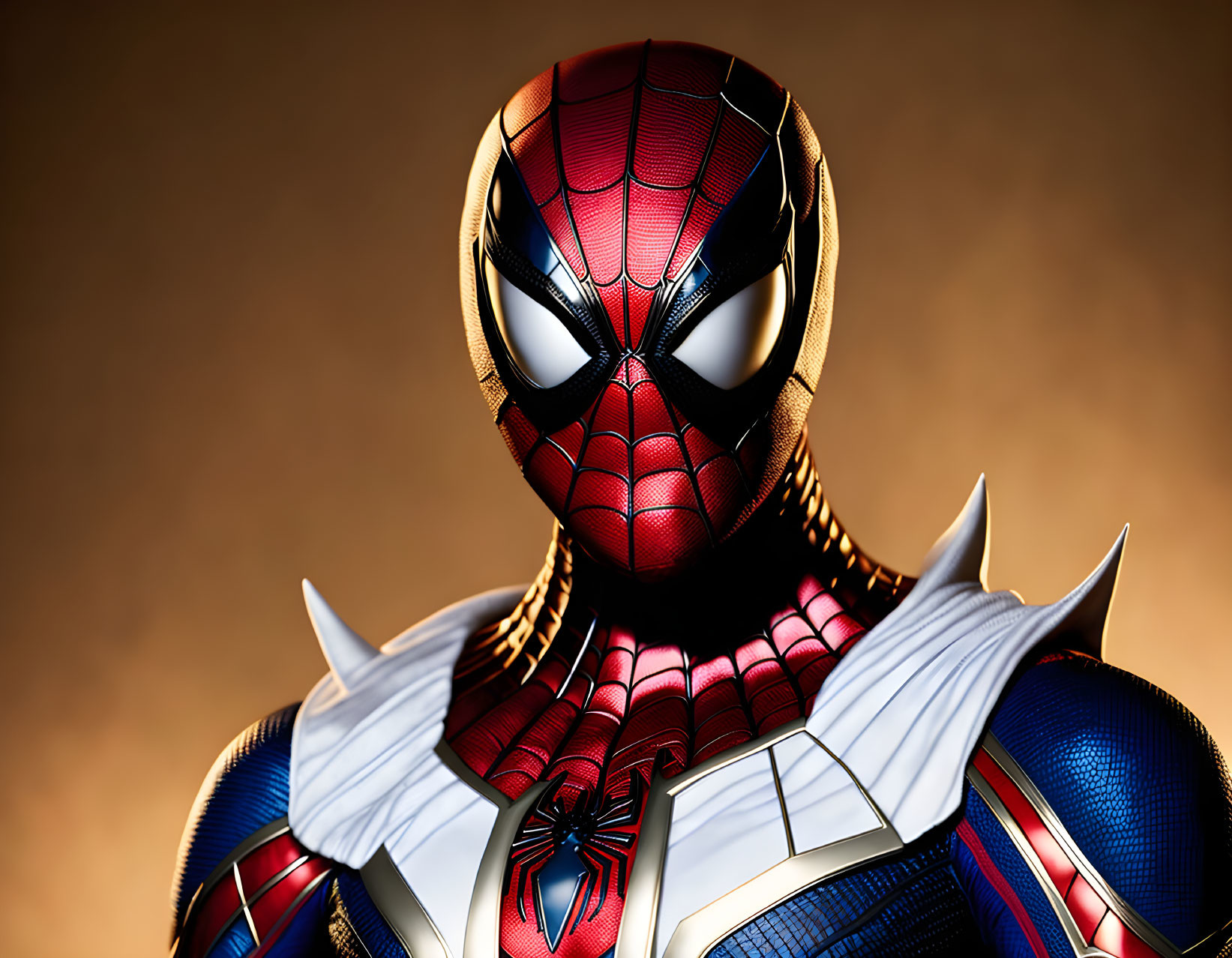 Detailed Spider-Man Costume Close-Up Against Amber Backdrop