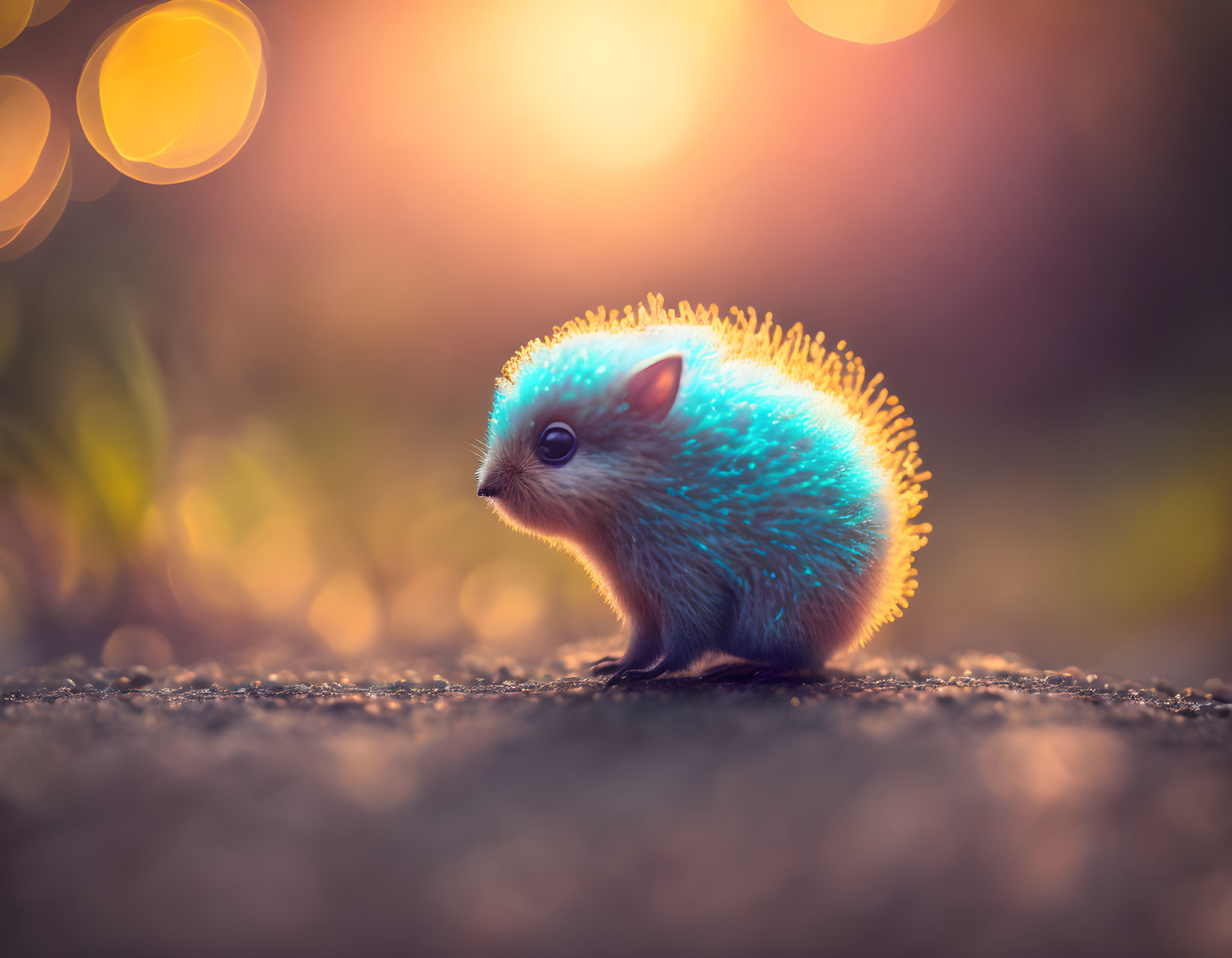 Blue glowing hedgehog in warm golden hour light with soft bokeh.