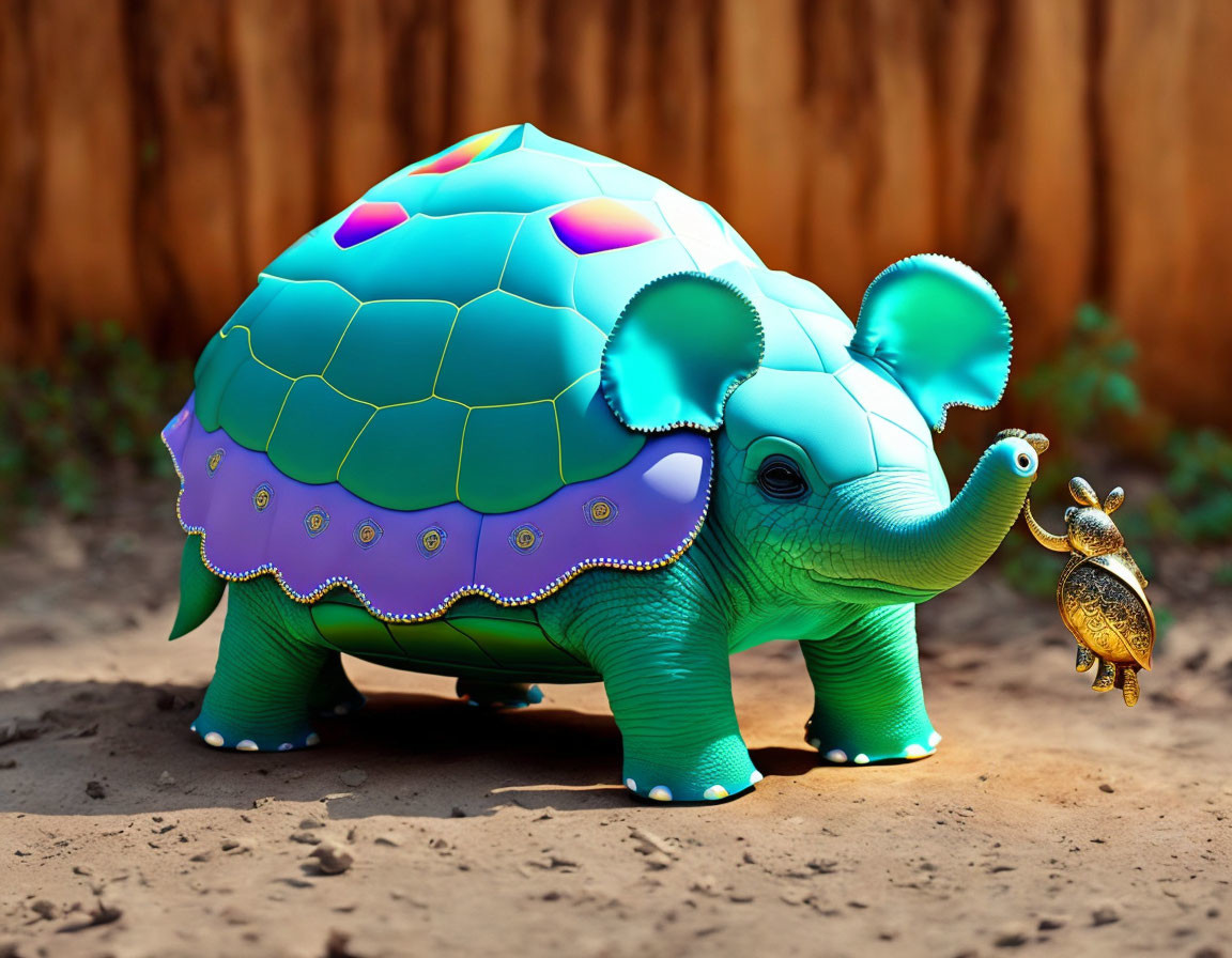 Digital artwork: Turtle with elephant head holding tiny turtle, wooden fence.