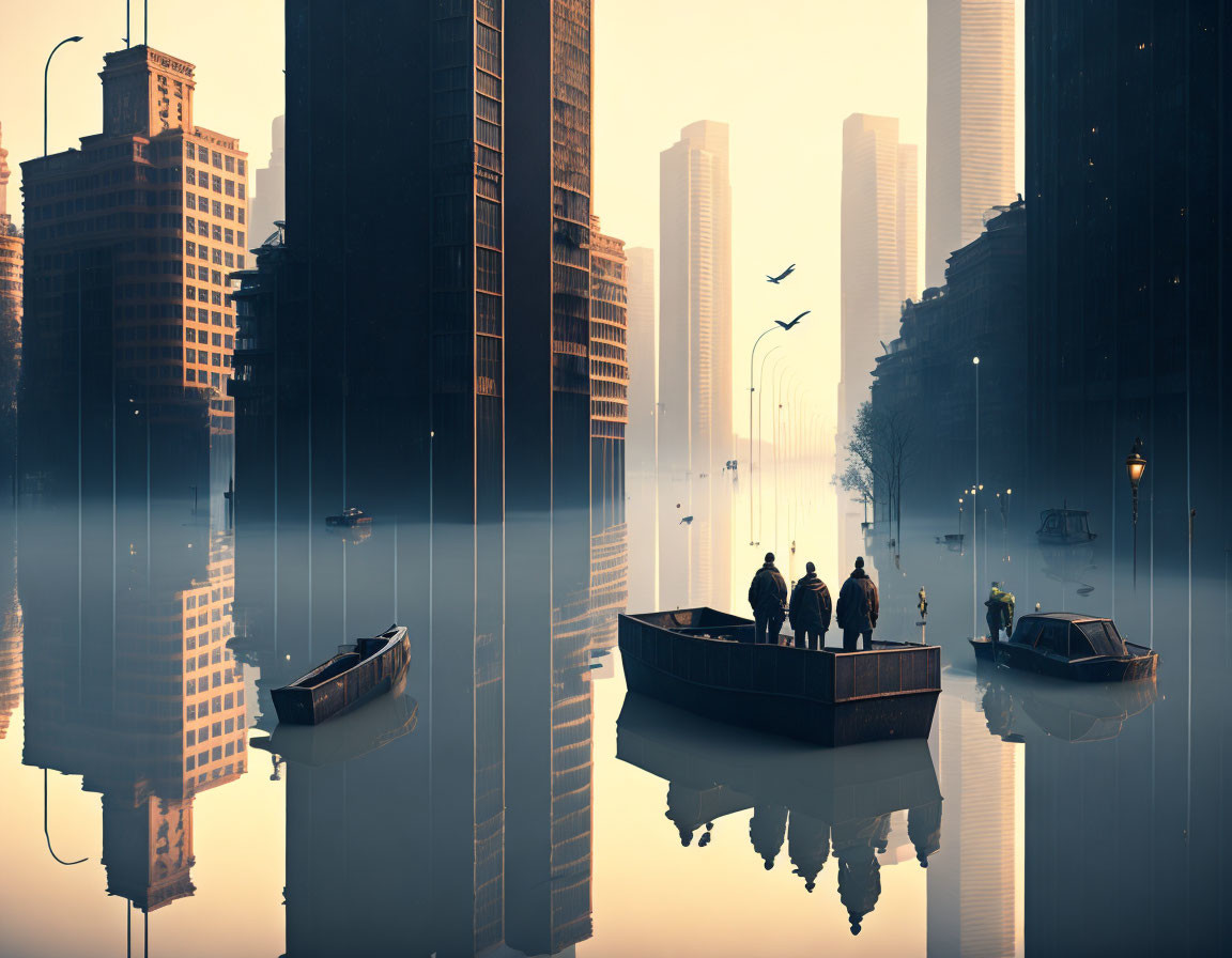 Group of People on Flooded Platform in Surreal Cityscape