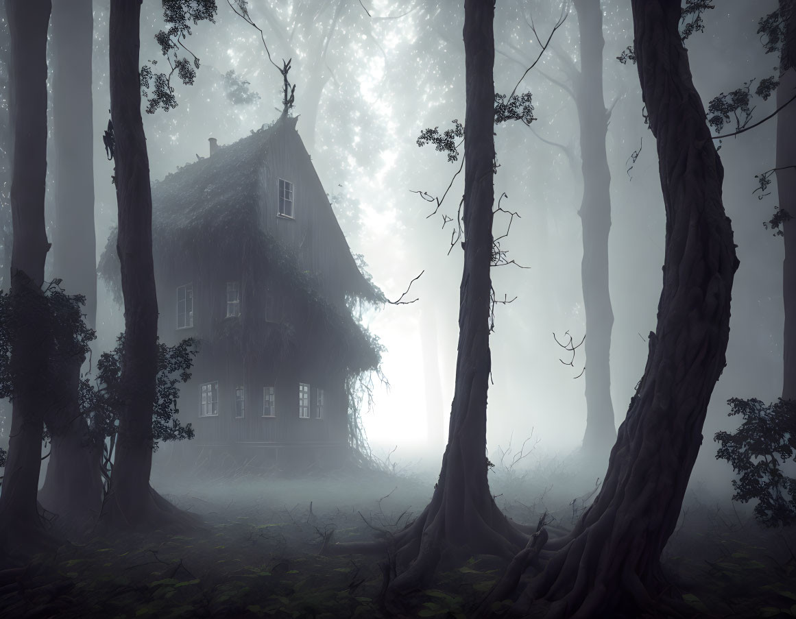 Mysterious two-story house in foggy forest landscape