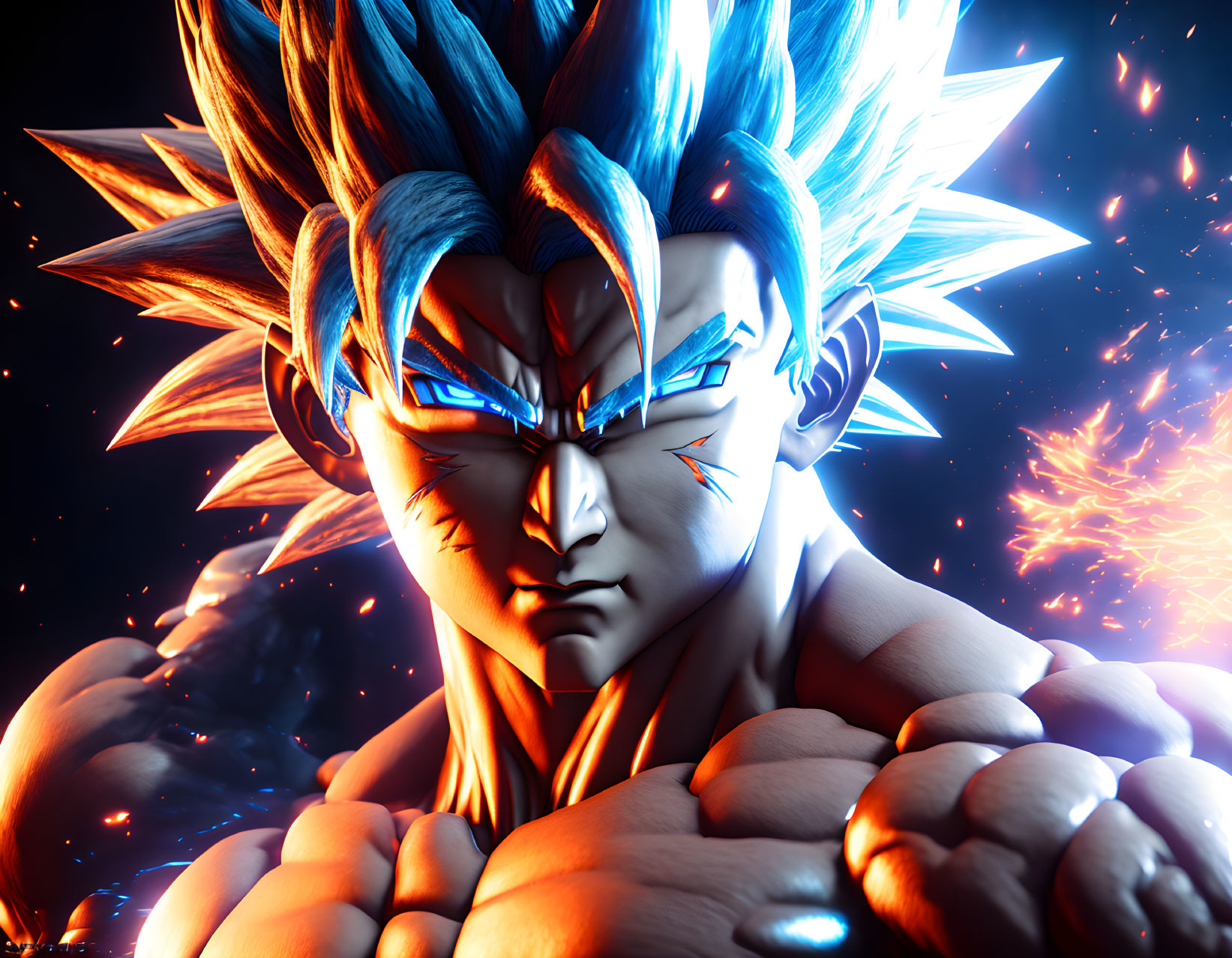 Animated character with spiky blue hair in powerful pose against cosmic background