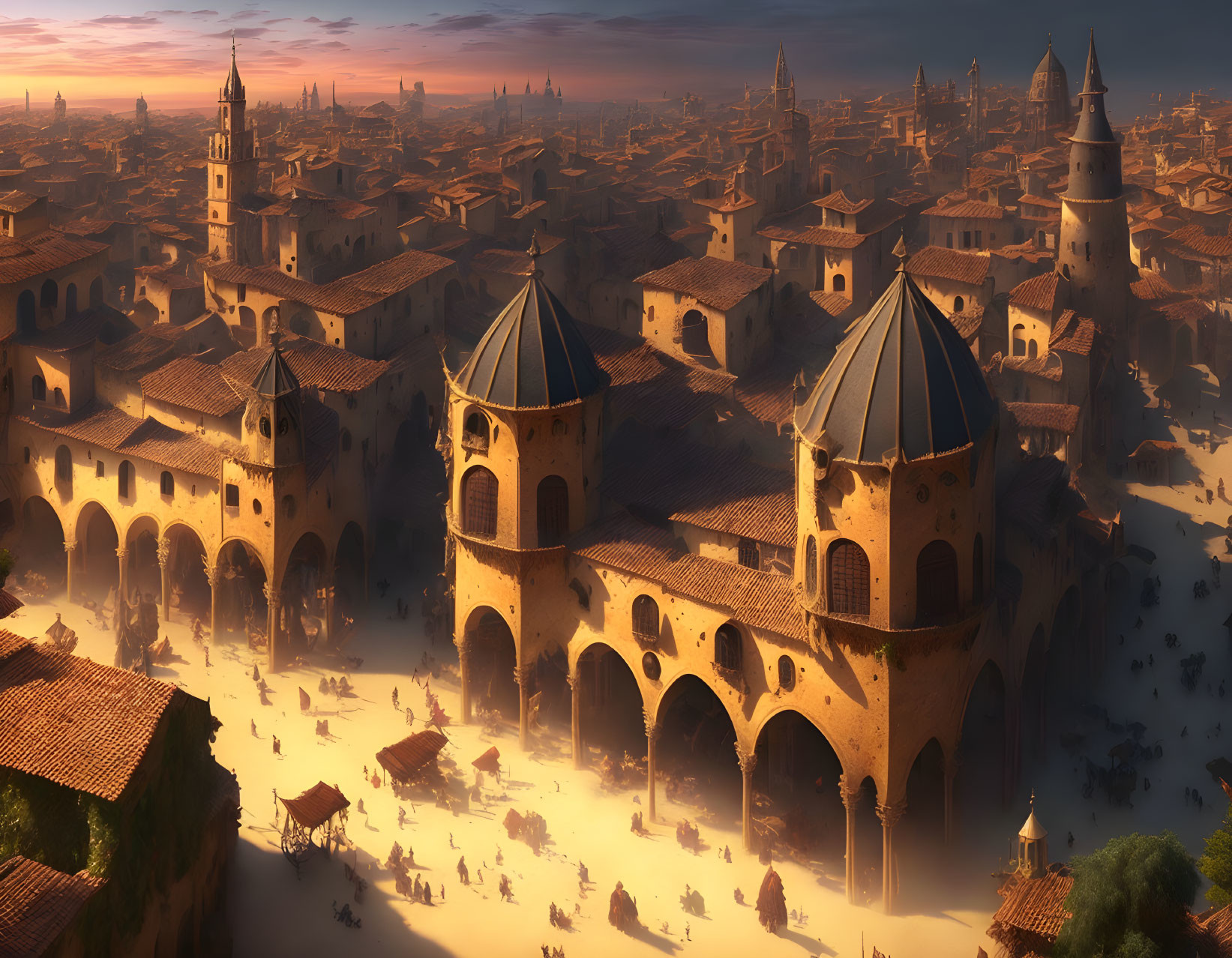 Fantasy cityscape at sunset with domed buildings and bustling streets