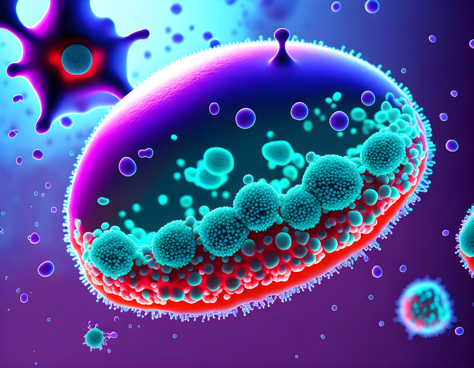 Colorful 3D Cell Membrane Illustration with Molecules and Viruses