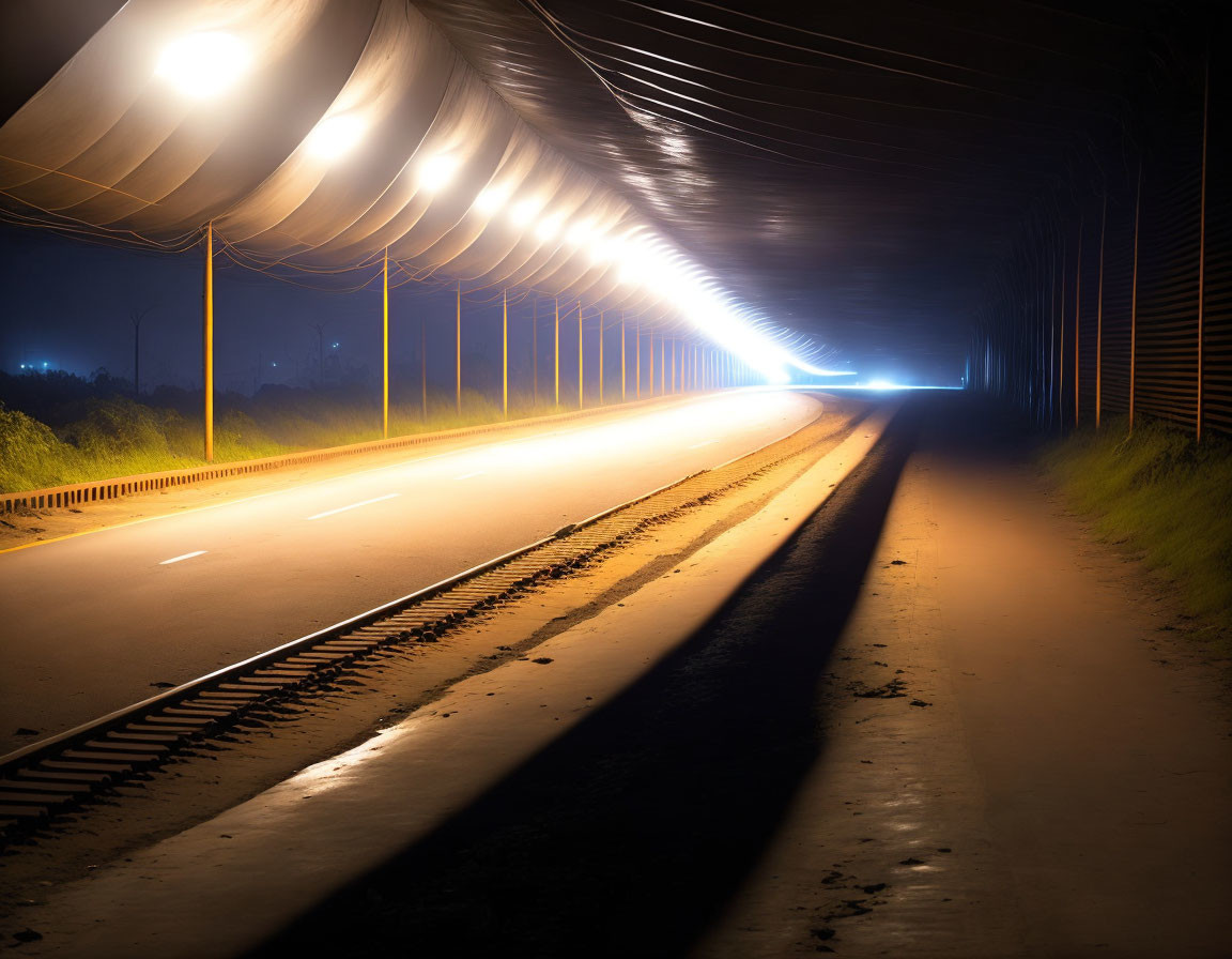 Nighttime road with warm lighting, shadows, and guardrails leading to bright light.