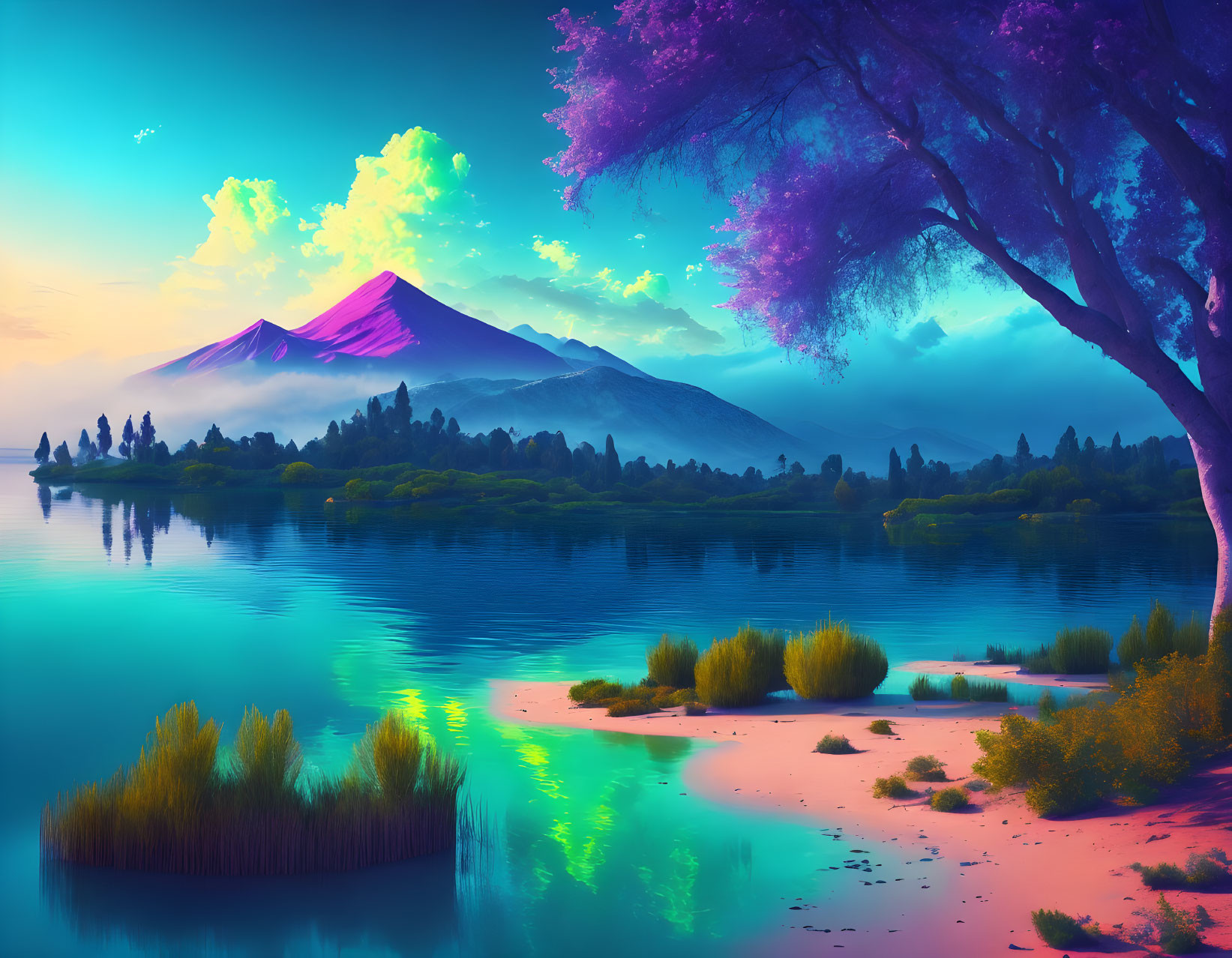 Colorful surreal landscape with luminous tree, neon-lit mountains, reflective lake, and twilight sky