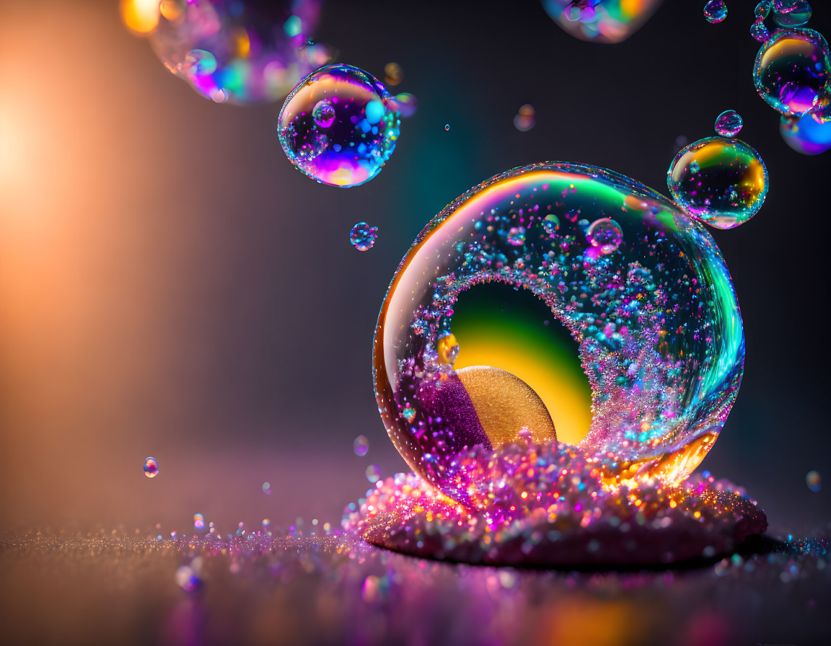 Colorful close-up: Vibrant soap bubble on glittery surface with floating bubbles