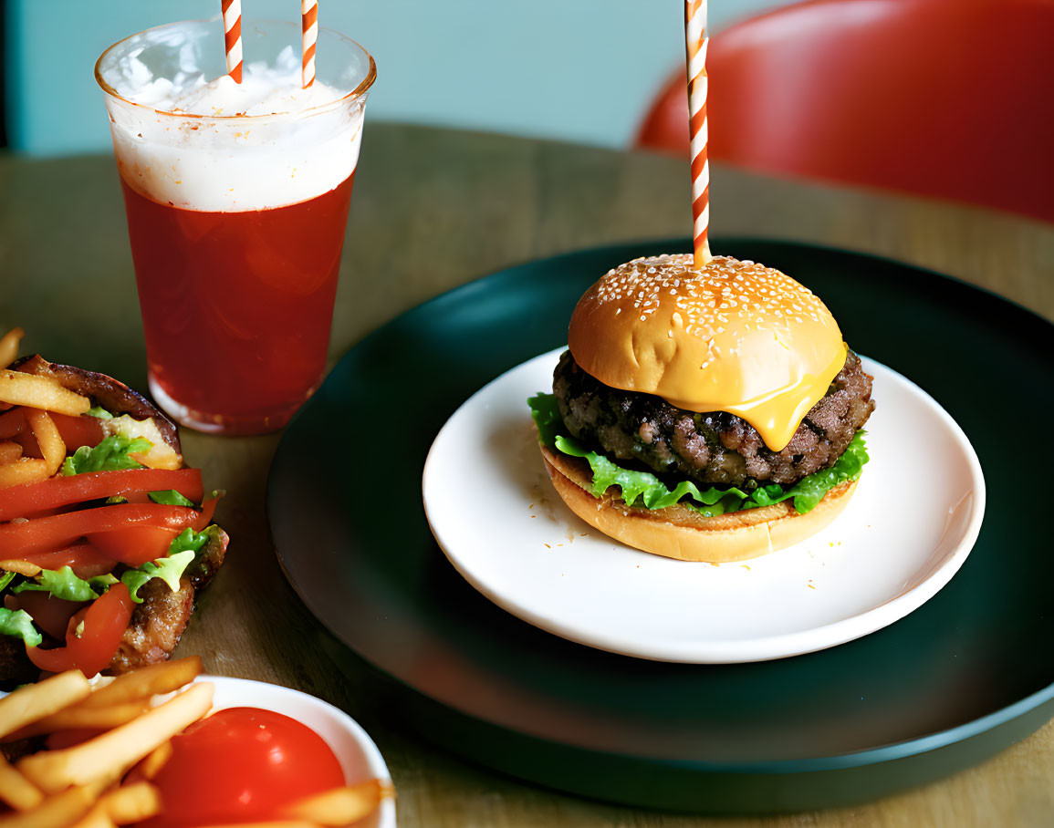 Classic Cheeseburger Meal with Fries and Drink on Wooden Table