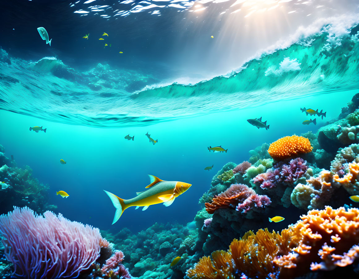 Vibrant Underwater Scene with Sun Rays, Diverse Fish, and Teeming Coral Reef