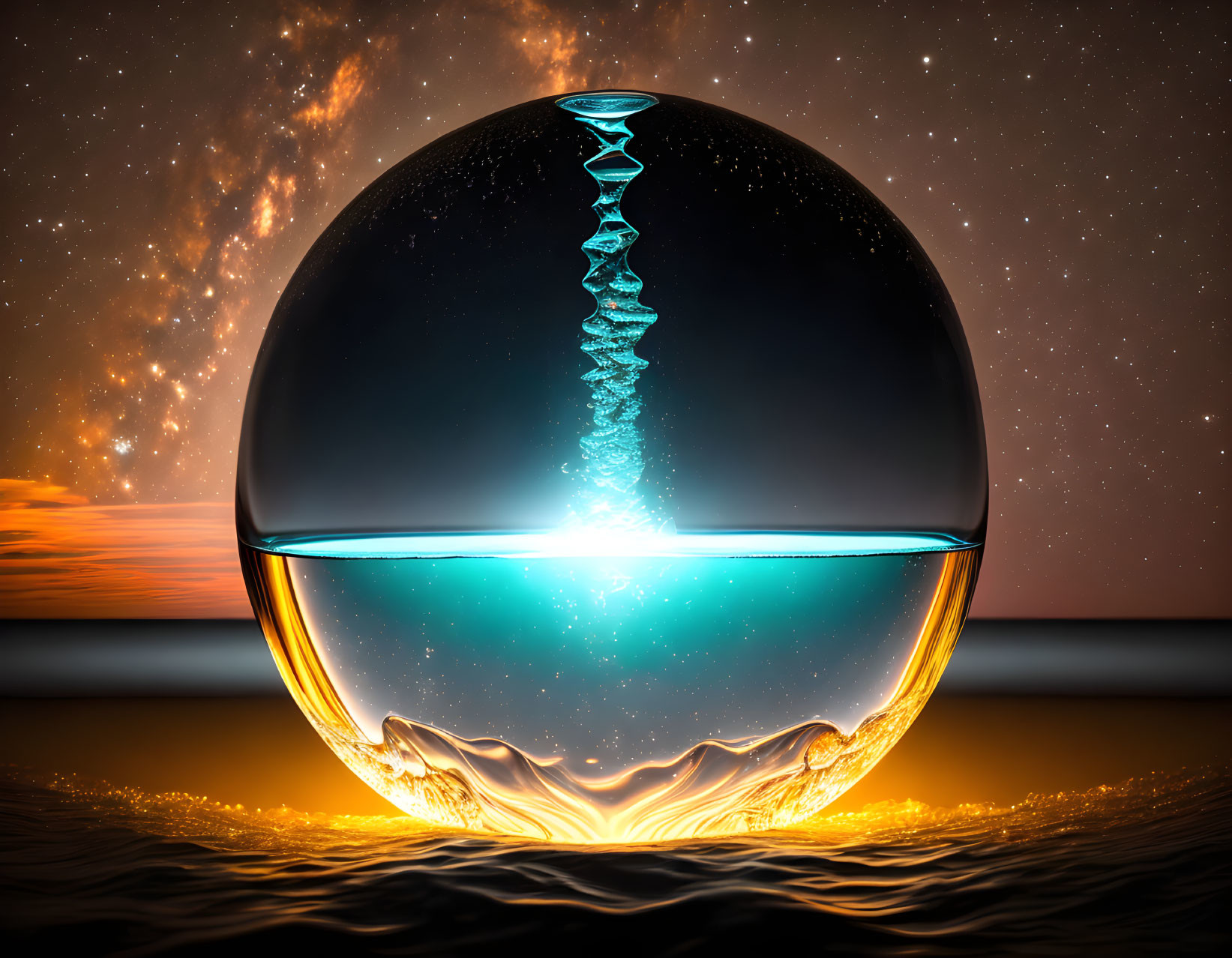 Glass sphere in water with swirling liquid tower under fiery sky