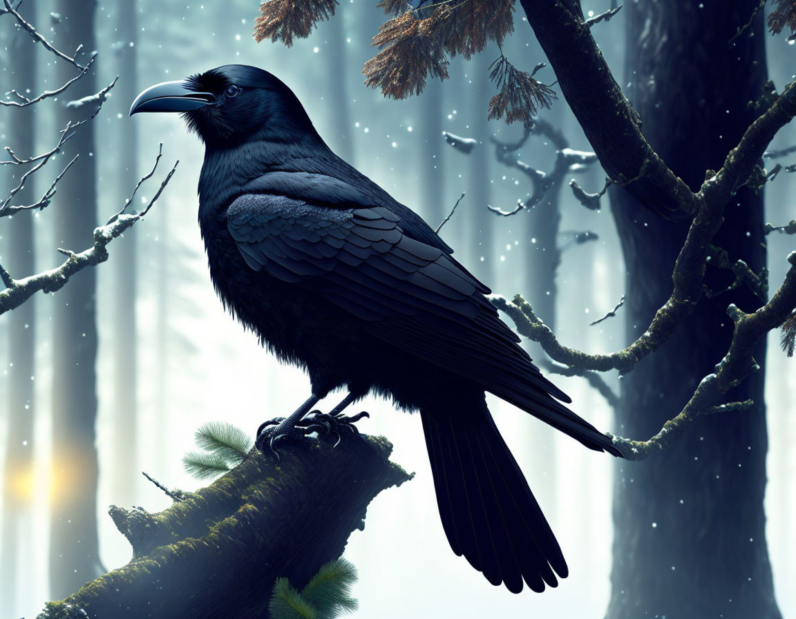 Black raven on mossy branch in mystical forest with fog and soft glow