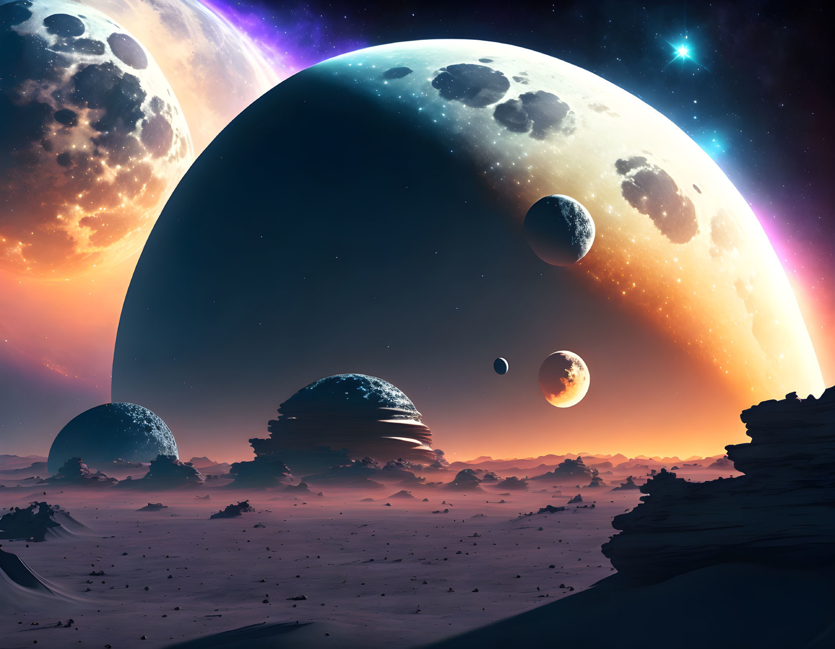 Massive planets over desert in sci-fi landscape