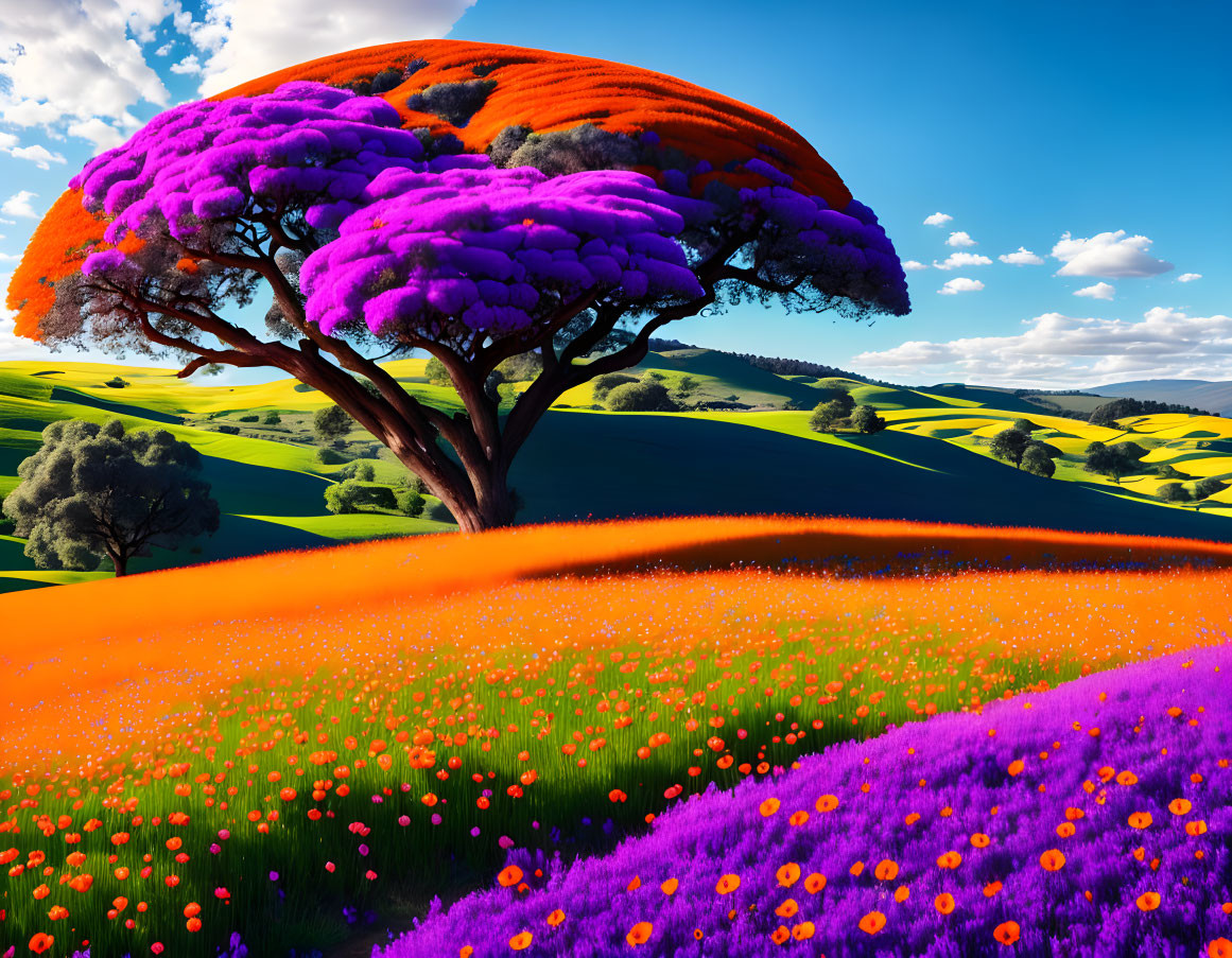 Colorful landscape with large purple tree, green hills, and flowers under blue sky