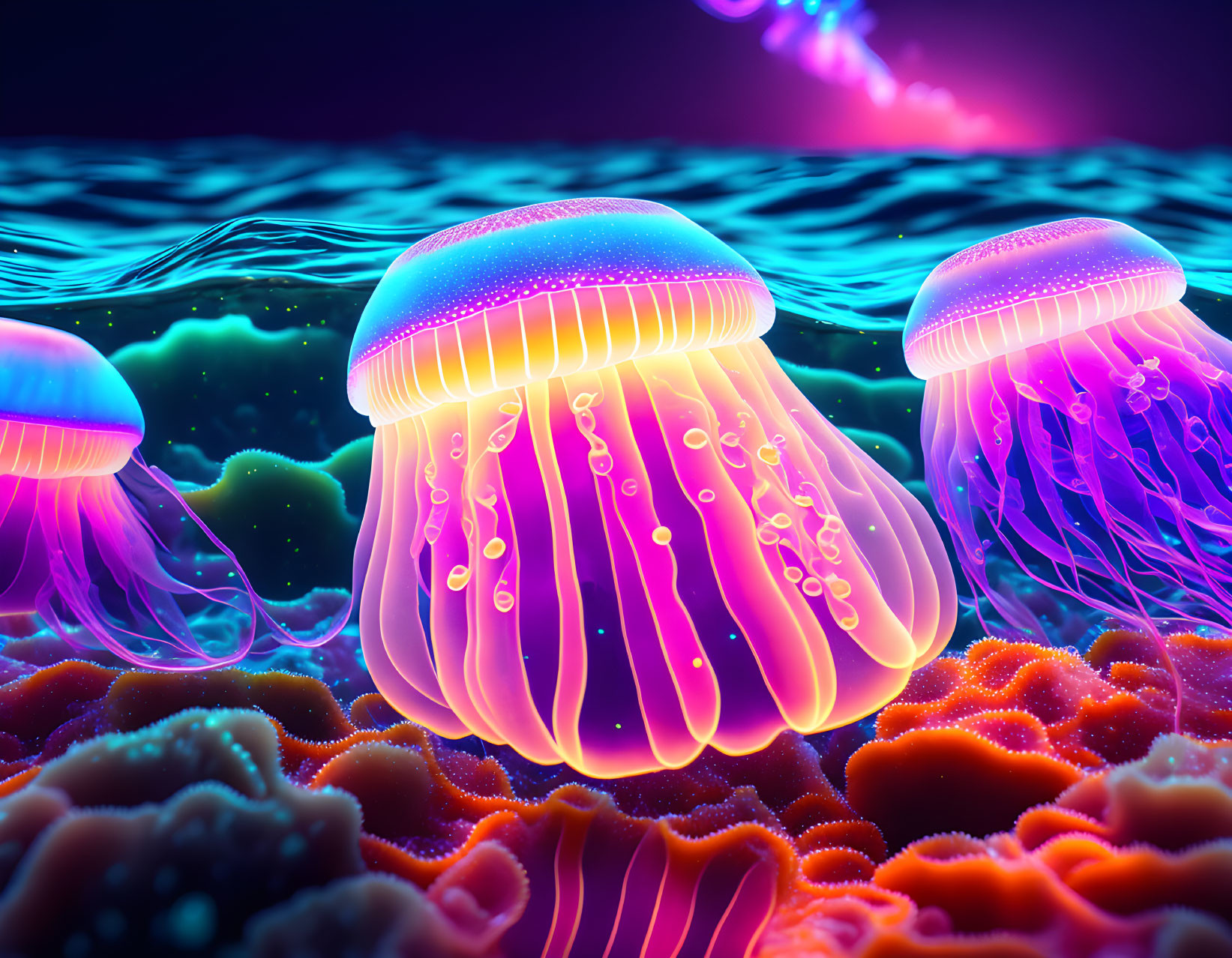 Vibrant glowing jellyfish in neon colors above vivid coral reefs