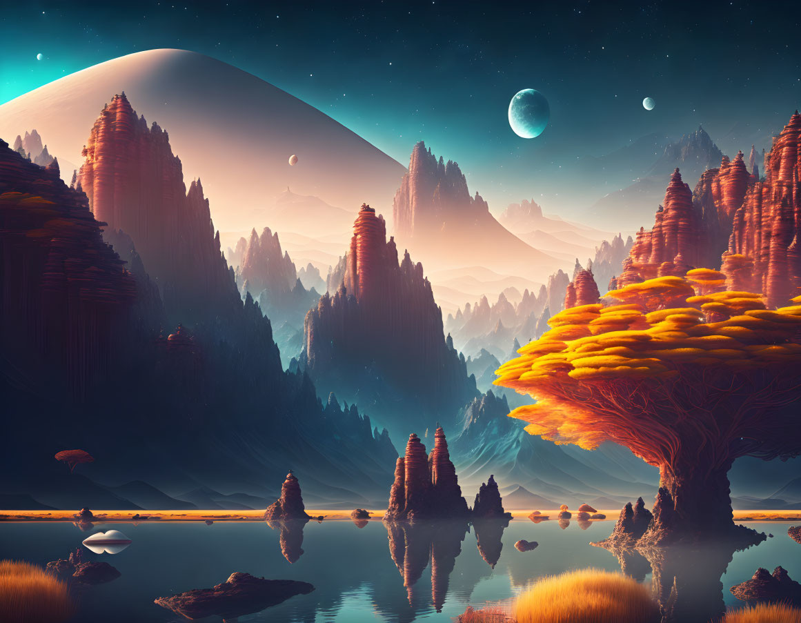 Surreal landscape with rock formations, alien trees, water, and planets
