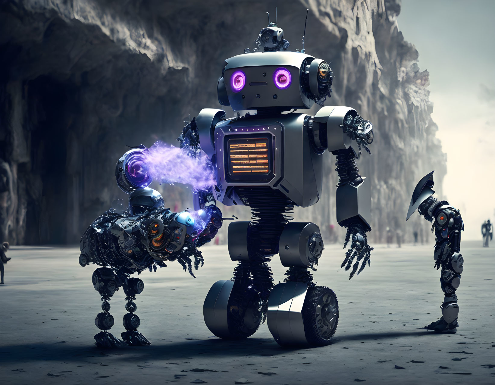 Three futuristic robots with glowing elements in rocky canyon