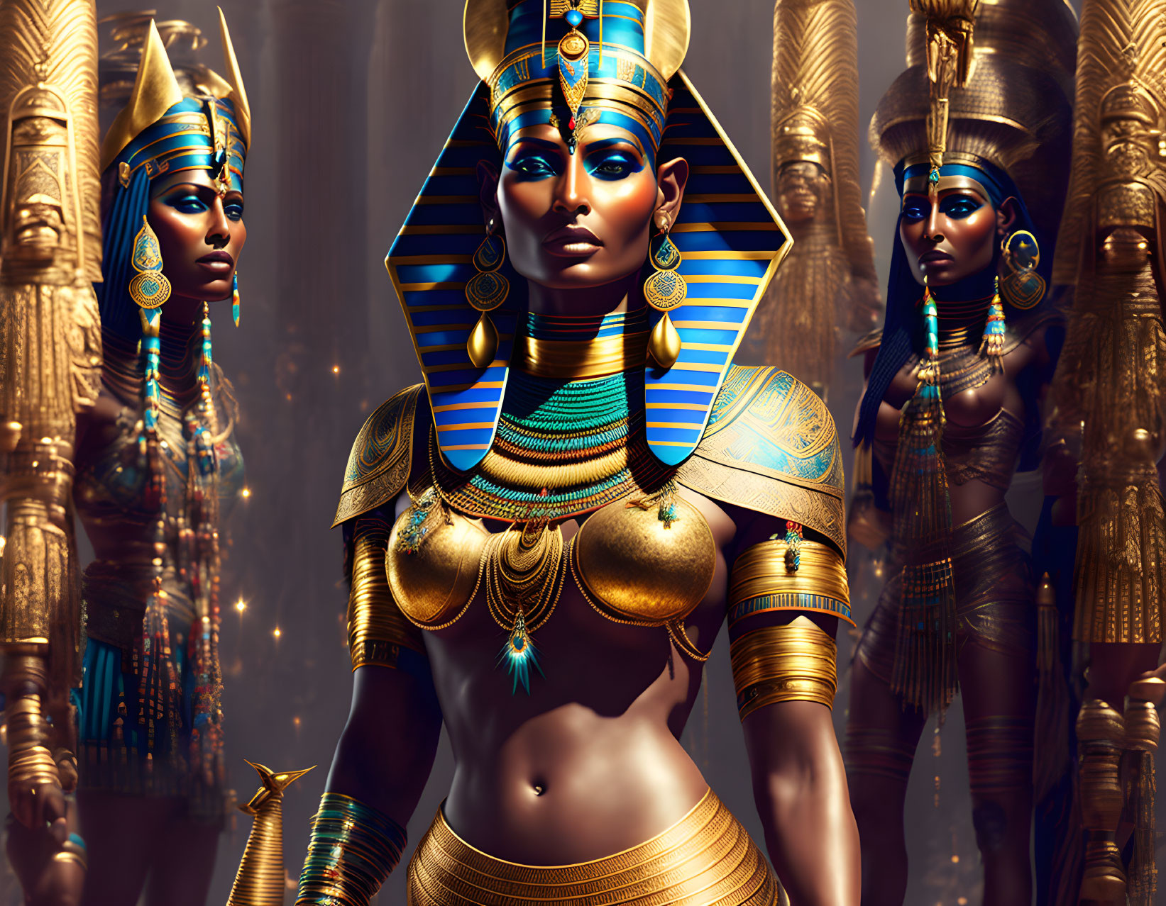 Egyptian Queen in Golden Headdresses and Jewelry Between Pillars