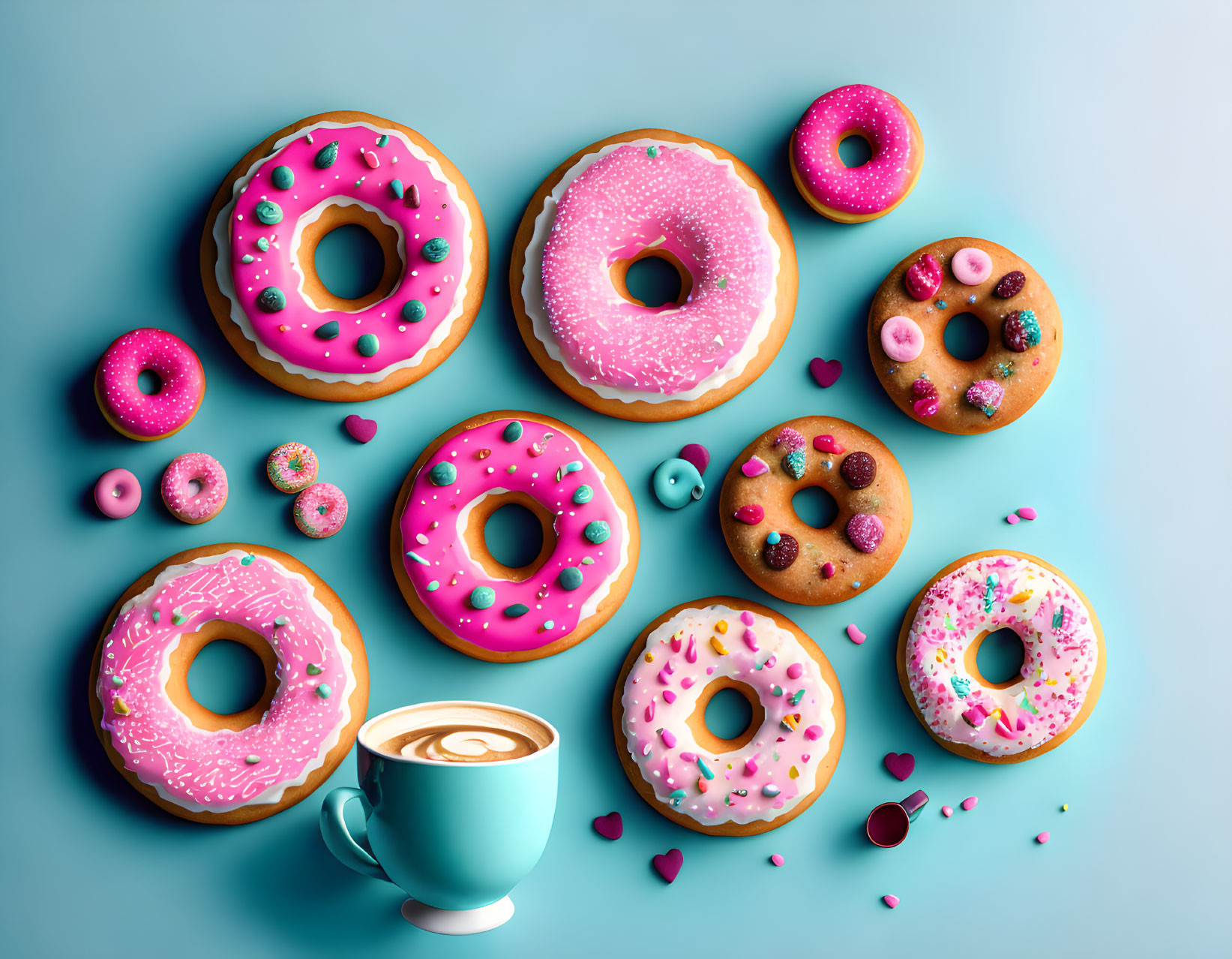 Assorted colorful donuts with sprinkles and coffee on blue backdrop